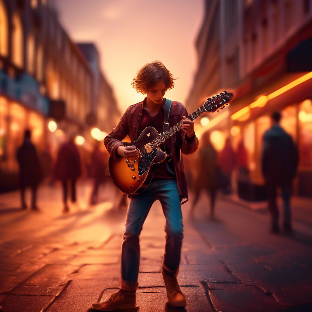 A young guitarist performing on a bustling urban street at sunset. The background features blurred pedestrians and glowing shop lights. Captured in 8K with a cinematic lens, vibrant color tones, and dynamic lighting.