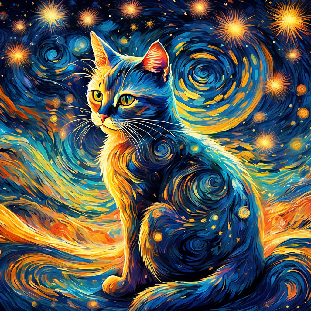Generate an awe-inspiring and surreal digital painting of a mystical cat adorned with intricate patterns, floating amidst a swirling vortex of vibrant colors and shimmering stars. Capture the essence of Van Gogh's "Starry Night," with bold brushstrokes and a dreamy, otherworldly atmosphere.