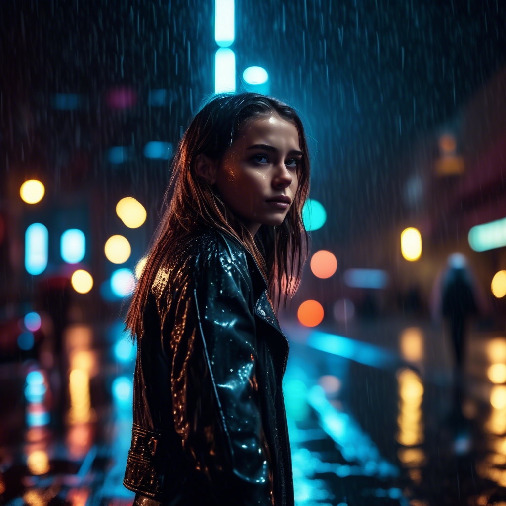 A confident girl in a leather jacket walking through a rainy city street at night, neon lights reflecting off the wet pavement, captured in 4K with a 50mm lens and dramatic lighting.