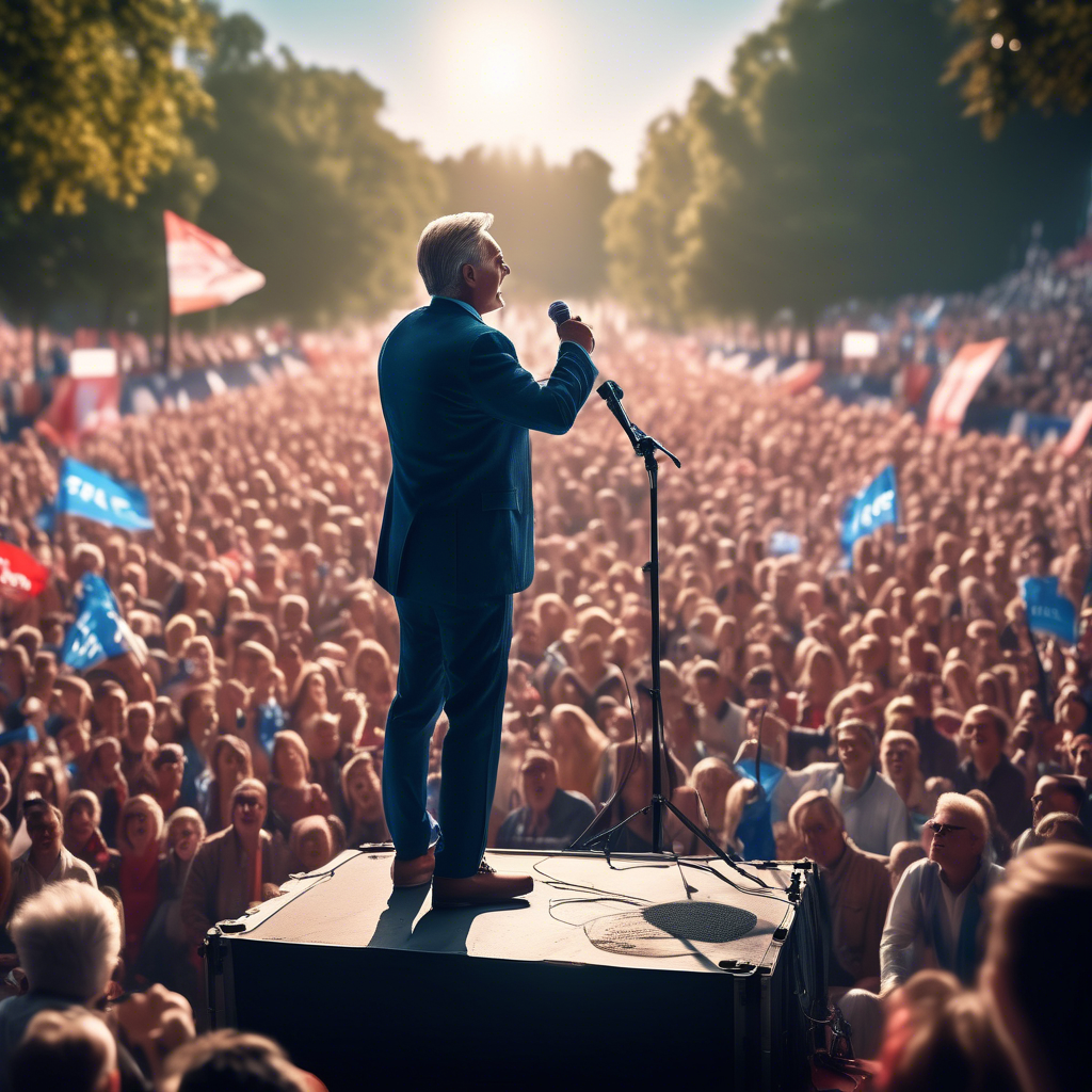 "Political Rally with a Charismatic Speaker" A charismatic speaker addressing a large, cheering crowd in an outdoor rally. The stage is adorned with banners, and the atmosphere is vibrant and energetic. Rendered in 8K with wide-angle lens effects and dynamic lighting.