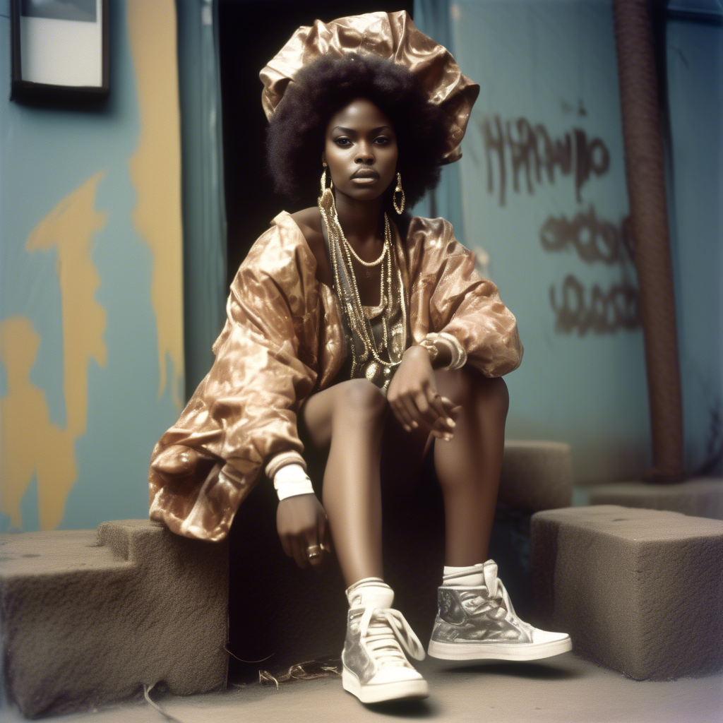 Fashion photography of an African beauty queen dressed in large hiphop clothes from 1980s , wearing sneakers , Sony Alpha α7, ISO1900, volumetric lighting,
