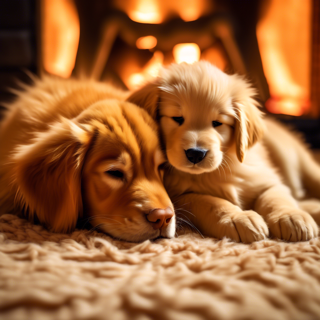 A fluffy orange cat and a golden retriever puppy cuddling together on a soft rug in front of a fireplace, captured in 4K with a 50mm lens and cozy, warm lighting.