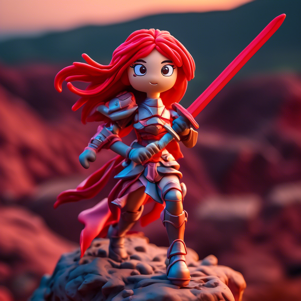 "Warrior Anime Girl in Battle Armor" A strong anime girl with flowing red hair, wielding a massive sword. She wears futuristic battle armor, standing atop a cliff overlooking a battlefield at sunset. Captured in 8K with dramatic lighting and vivid detail.