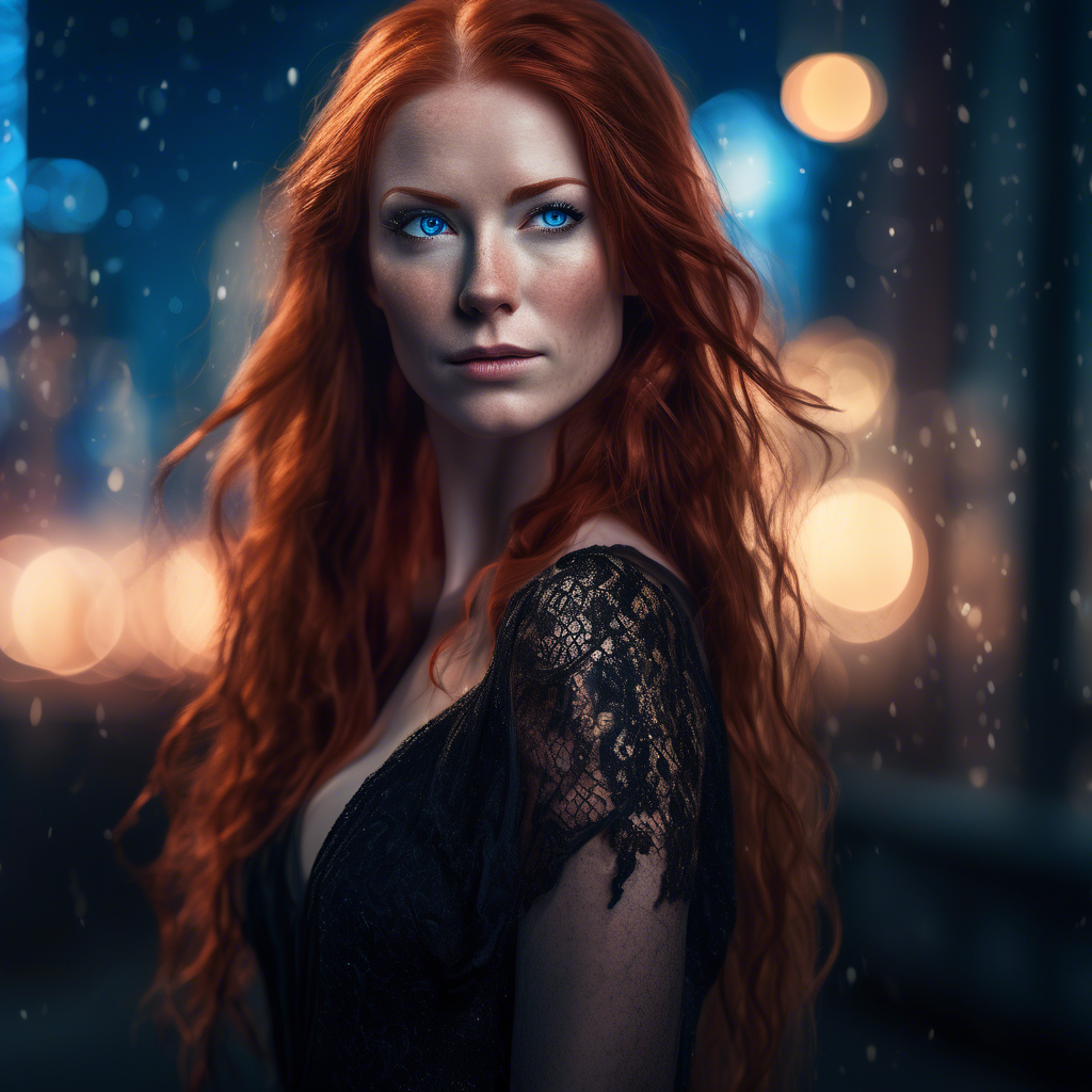 A striking portrait of a woman with long, flowing red hair and piercing blue eyes, wearing a sleek black gown with intricate lace details. She stands against a blurred background of sparkling city lights at dusk. Captured in 8K resolution with a 50mm lens, soft bokeh, and warm, soft lighting highlighting her face and hair. The mood is sophisticated and intimate.