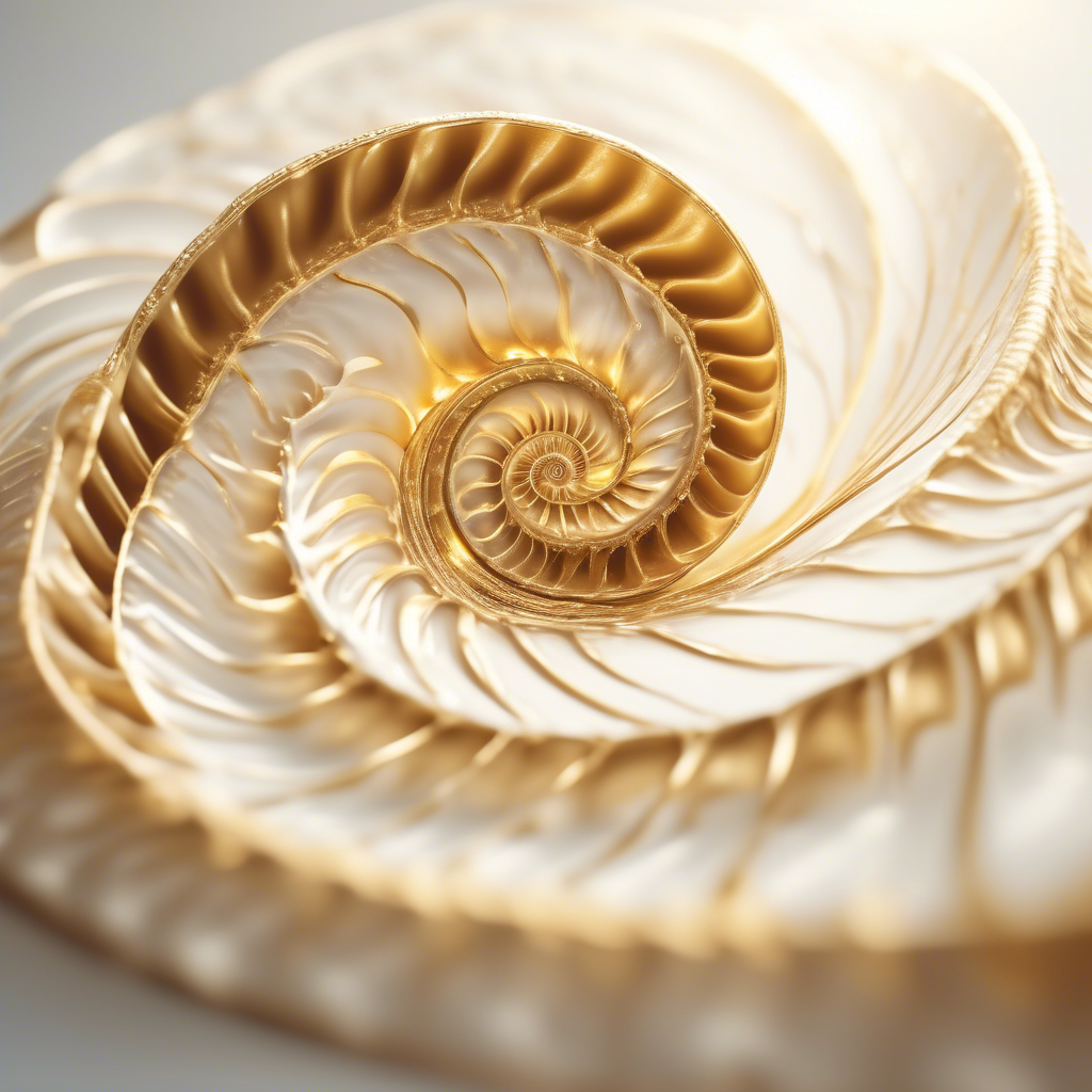 A swirling golden shell with intricate Fibonacci spirals, illuminated by soft ambient light in a minimalistic white background