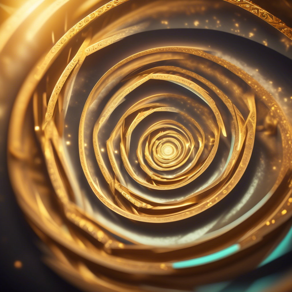 An abstract geometric design with interlocking Fibonacci spirals, glowing in radiant gold and soft pastel gradients.