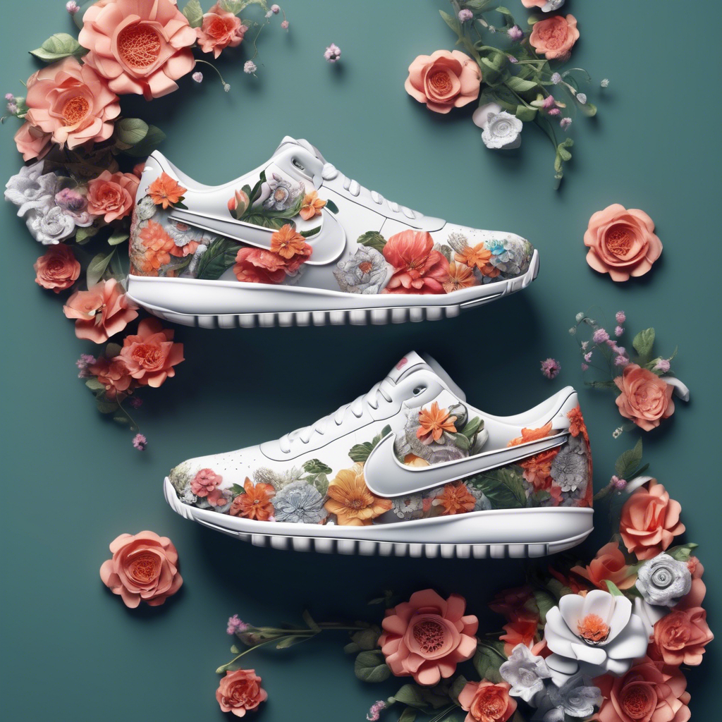 sneakers with silicone soles, nike logo in the shoe, design, flowers, insanely detailed, 8k --ar 4:5