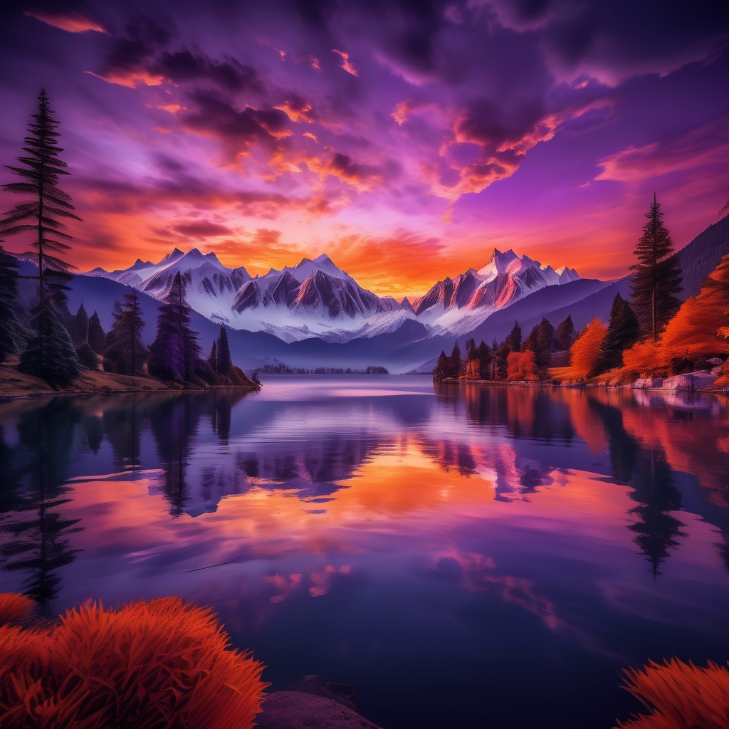 A breathtaking view of snow-capped mountains under a vivid orange and purple sunset, with a pristine lake reflecting the peaks. The scene includes lush pine trees in the foreground and mist rolling over the hills. Captured in 8K resolution with HDR lighting, a wide-angle 24mm lens, and vibrant color grading. The mood is serene and awe-inspiring.