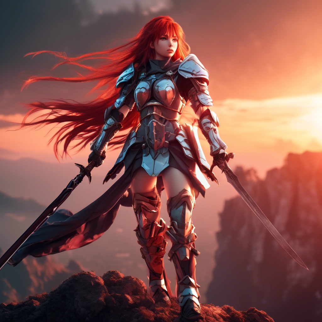 "Warrior Anime Girl in Battle Armor" A strong anime girl with flowing red hair, wielding a massive sword. She wears futuristic battle armor, standing atop a cliff overlooking a battlefield at sunset. Captured in 8K with dramatic lighting and vivid detail.