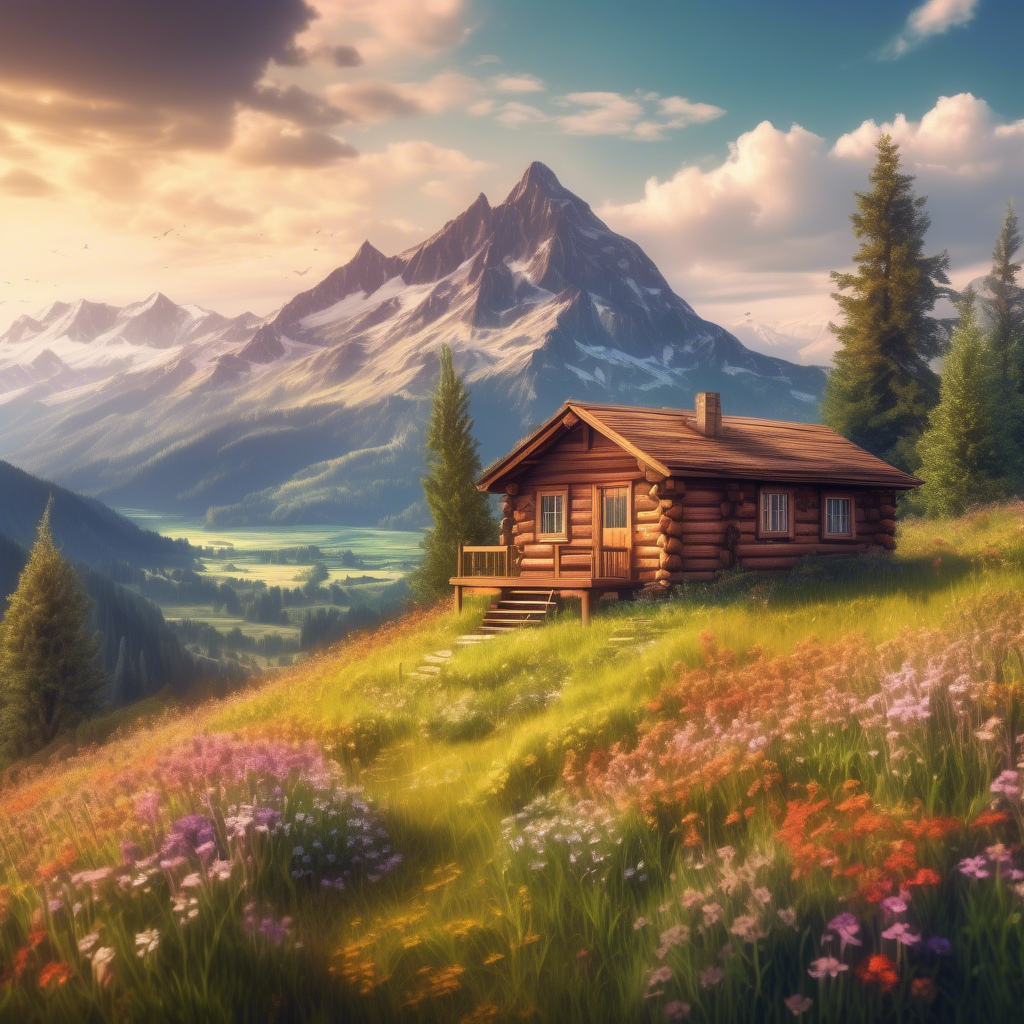 A cozy wooden cabin perched on a grassy hill, surrounded by wildflowers, with a picturesque mountain range in the background, captured in 8K with a 24mm lens and vivid HDR settings.