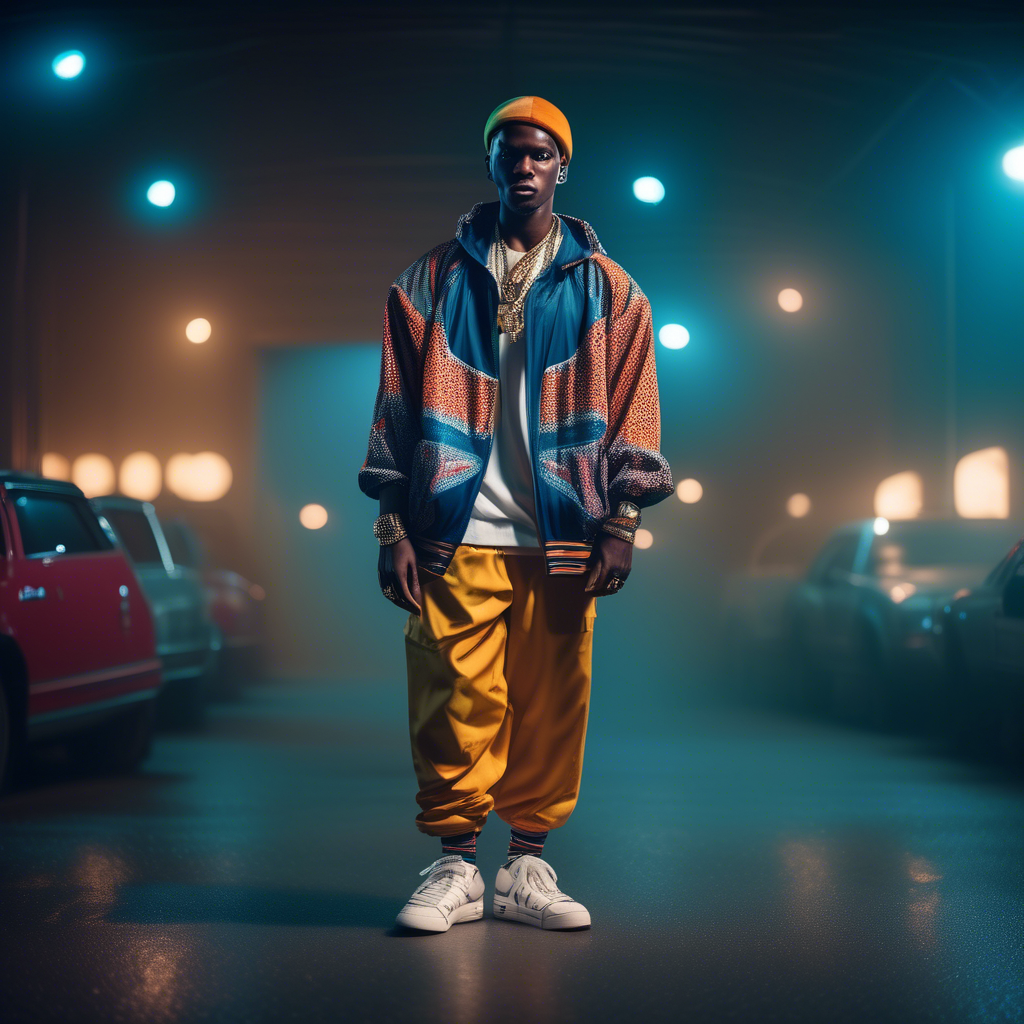 Fashion photography of an African dressed in large hiphop clothes from 1980s , wearing sneakers , Sony Alpha α7, ISO1900, volumetric lighting,