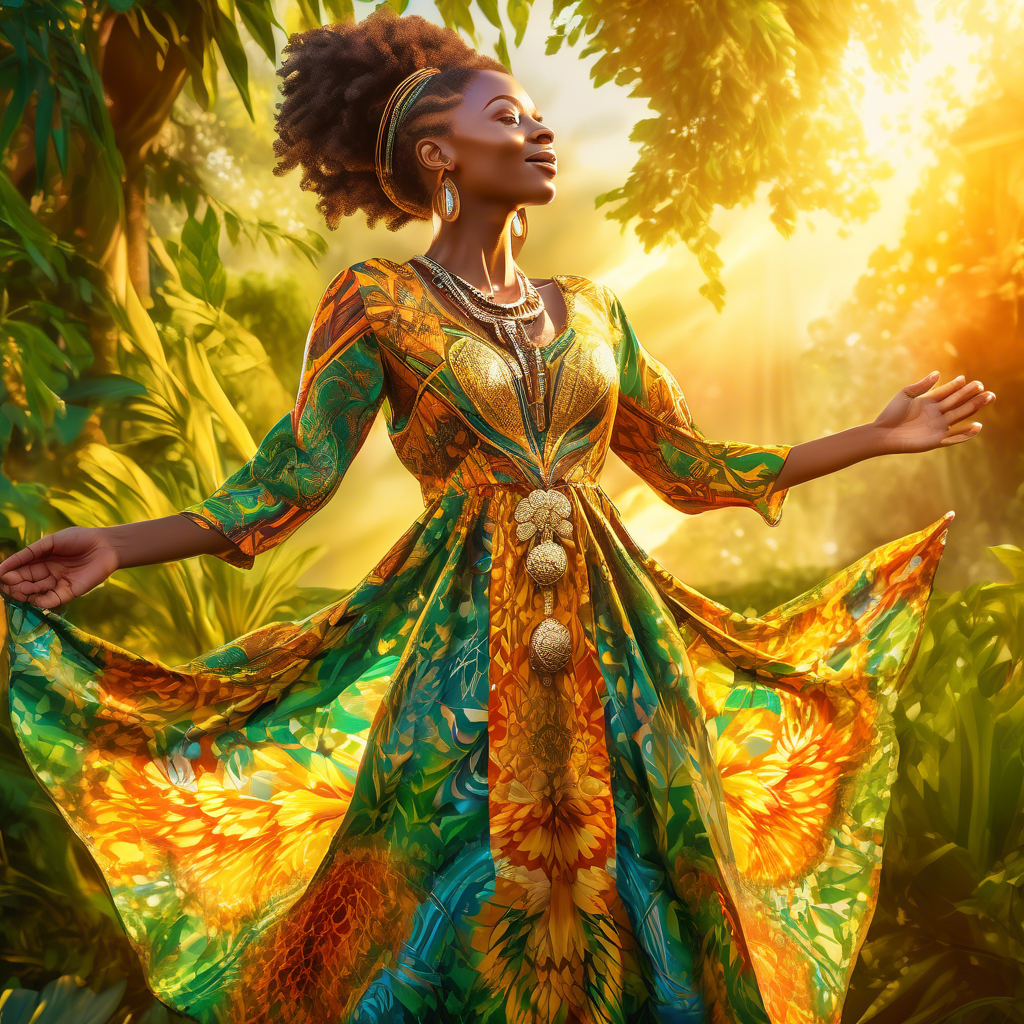 A joyful woman wearing a vibrant Ankara fabric dress with intricate patterns, adorned with golden jewelry. She stands outdoors with a sunny background of lush green foliage. 8K resolution with warm, natural lighting.