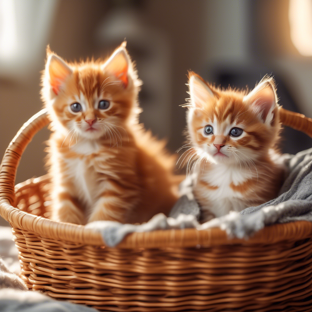 "Playful Kittens in a Basket" Two fluffy kittens, one orange tabby and one gray, playing in a wicker basket on a soft blanket. The setting is a sunlit room, with a cozy and warm atmosphere. Captured in 8K with shallow depth of field.