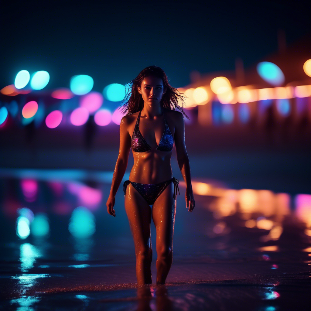 A confident girl in a swim wear walking on a beach at night, neon lights reflecting off the wet sand, captured in 4K with a 50mm lens and dramatic lighting.