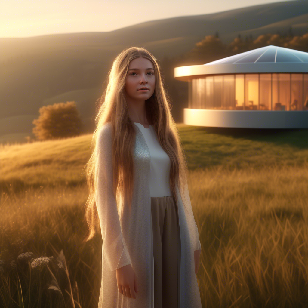 A beautiful girl with long flowing hair, standing in a meadow during golden hour, the sunlight softly illuminating her face, captured with a 4K ultra-wide lens, shallow depth of field, and cinematic color grading. A modern glass house with sleek architecture, sitting atop a misty hill during early morning, captured in 4K with dramatic lighting and a wide-angle lens