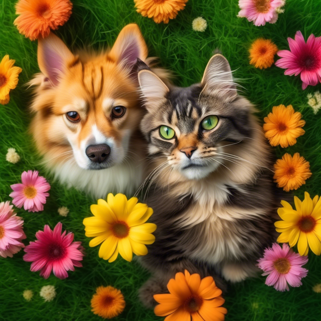 A cat and dog lying side by side on a green lawn, with colorful flowers in the background, captured in 8K using a macro lens for detailed fur textures.