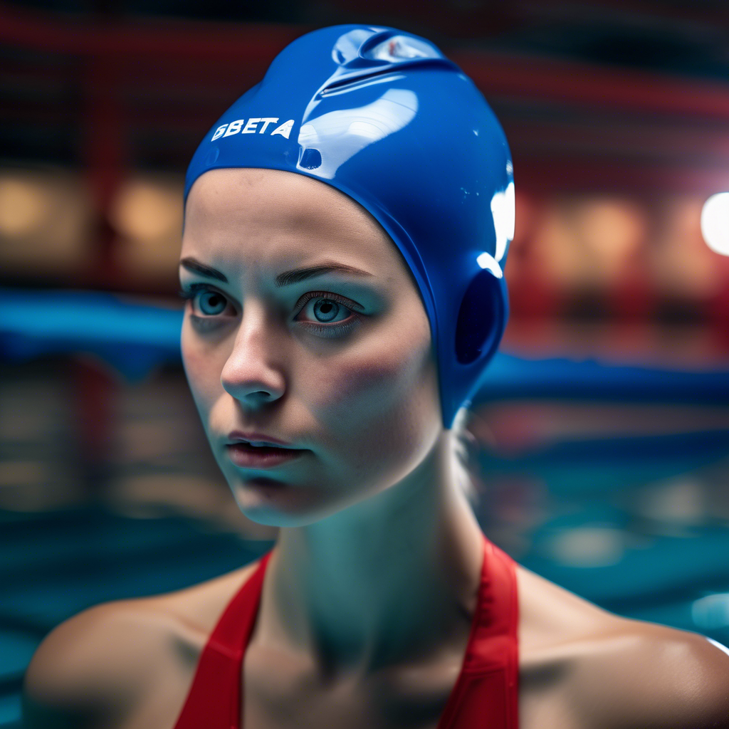 portrait photo of a female swimmer make up, blue on red, side profile, looking away, serious eyes, 50mm portrait photography, hard rim lighting photography--beta the photo must be real