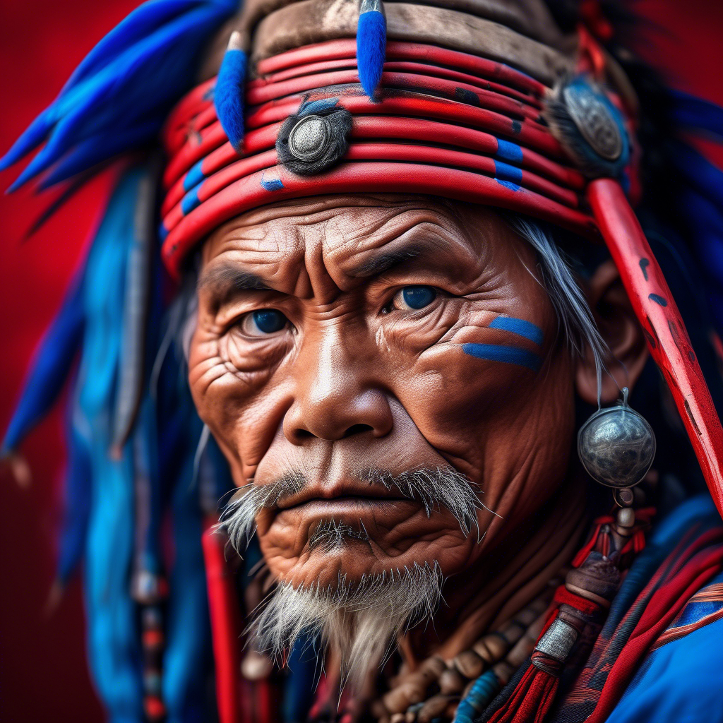 portrait photo of a asia old warrior chief, tribal panther make up, blue on red, side profile, looking away, serious eyes, 50mm portrait photography, hard rim lighting photography--beta the photo must be real