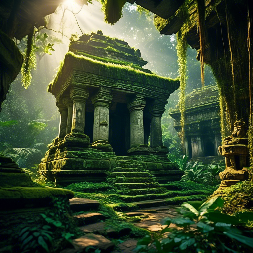 An overgrown ancient stone temple partially hidden by dense jungle foliage, with vines cascading down its walls. Sunlight filters through the canopy, creating dappled patterns on the mossy stones. Exotic birds can be seen in the distance, and the air feels humid and alive. Captured in 8K resolution with a 35mm lens, deep depth of field, and natural, vibrant lighting. The scene is mysterious and awe-inspiring.