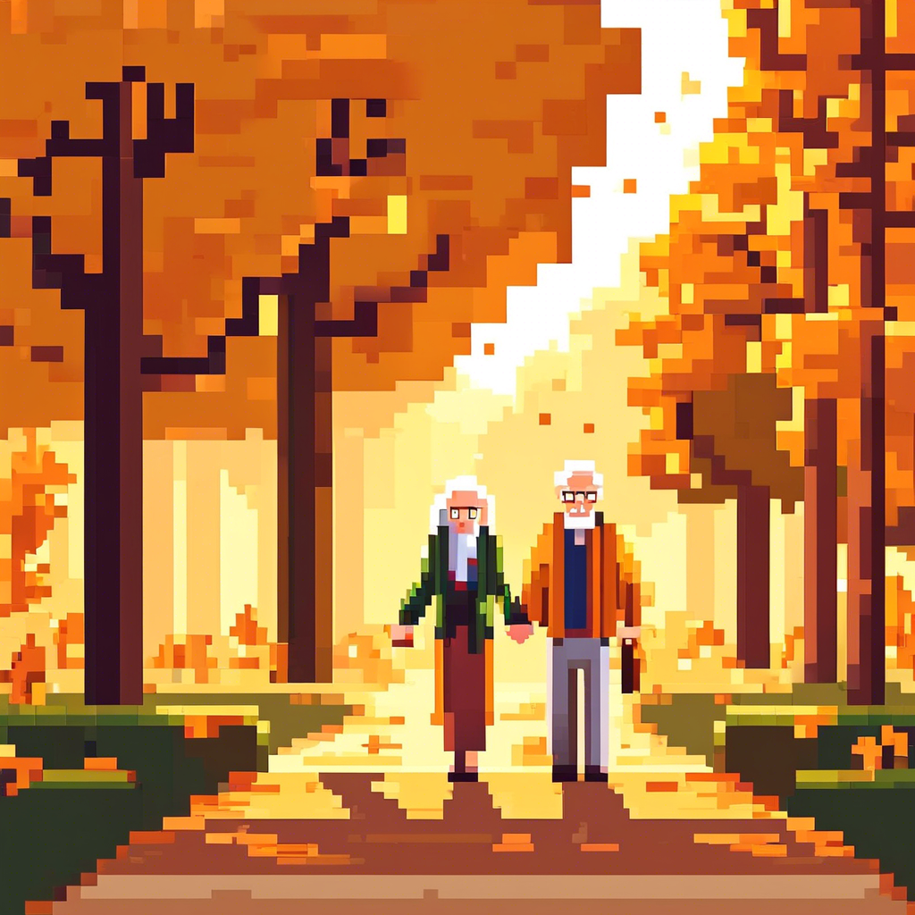 "Senior Couple Walking in a Park" An elderly couple holding hands, walking down a tree-lined path with autumn leaves covering the ground. The scene is serene, with soft golden-hour lighting in 8K resolution.