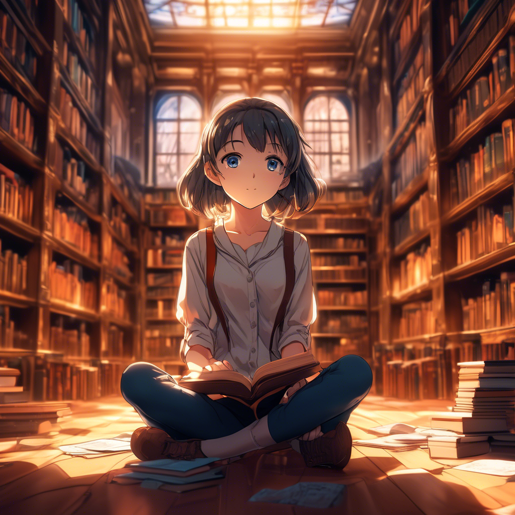 A curious girl sitting cross-legged on the floor of a grand library, surrounded by books. The scene is detailed with shelves that stretch into the distance. Captured in 8K with warm, ambient lighting.