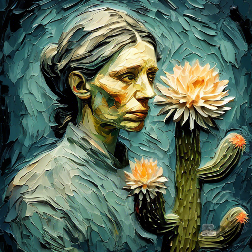 Fusion between Grisaille and Thick impasto, Stunning Portrait art in the style of van gogh model looking at a cactus flower bloom