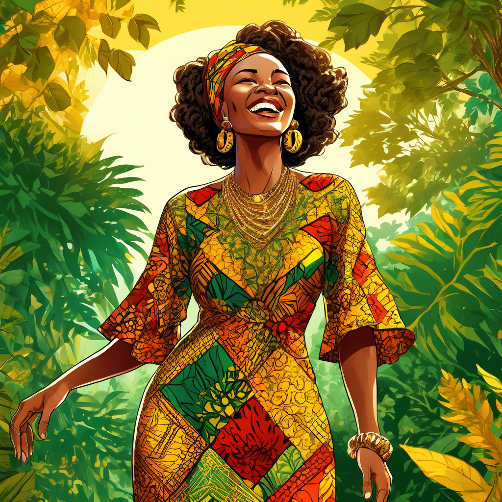 A joyful woman wearing a vibrant Ankara fabric dress with intricate patterns, adorned with golden jewelry. She stands outdoors with a sunny background of lush green foliage. 8K resolution with warm, natural lighting.