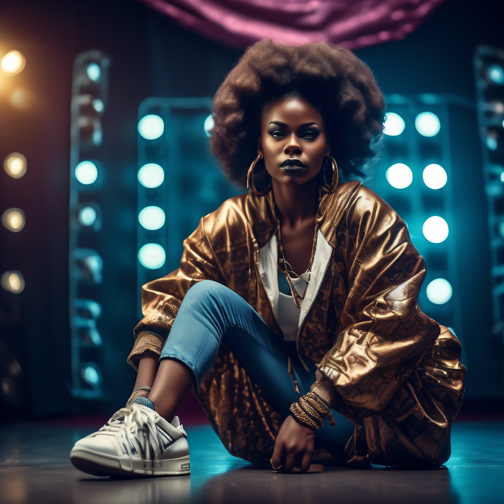 Fashion photography of an African beauty queen dressed in large hiphop clothes from 1980s , wearing sneakers , Sony Alpha α7, ISO1900, volumetric lighting,