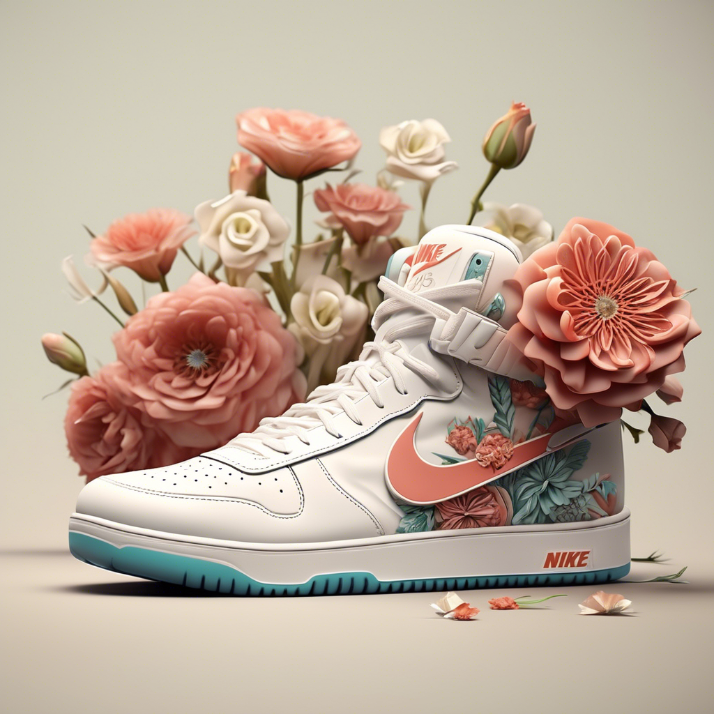 sneakers with silicone soles, nike logo in the shoe, design, flowers, insanely detailed, 8k --ar 4:5
