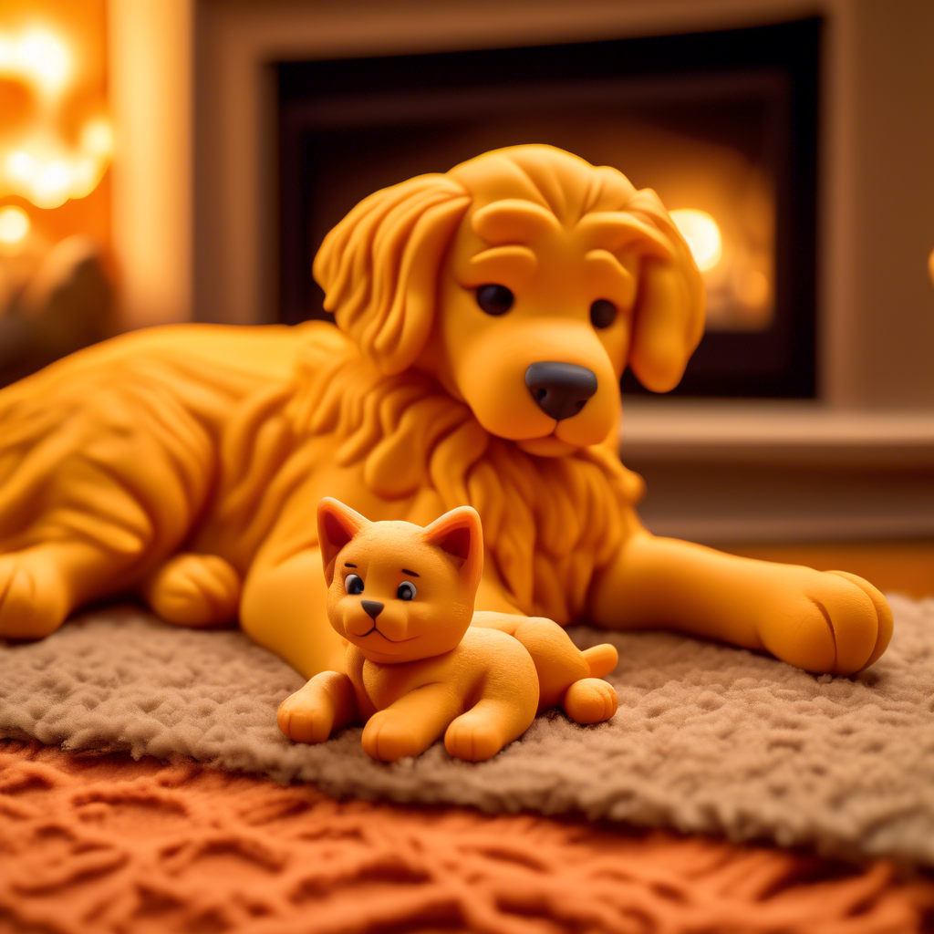 A fluffy orange cat and a golden retriever puppy cuddling together on a soft rug in front of a fireplace, captured in 4K with a 50mm lens and cozy, warm lighting.