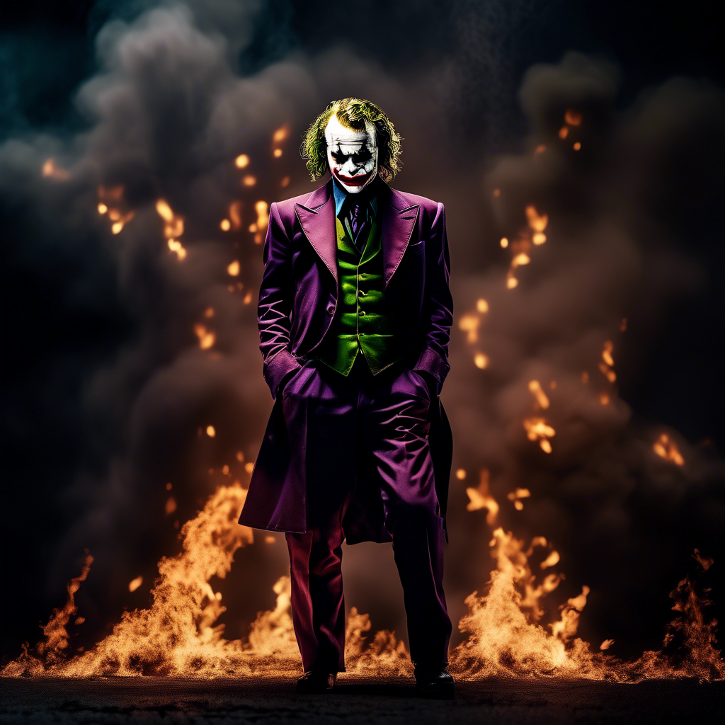 dark and gloomy, a full body photo of Heath Ledger as the joker, the flames behind him , lifelike texture, dynamic composition, Fujifilm XT2, 85mm F1.2, 1/80 shutter speed, (bokeh), high contrast, cinematic, movie still, 8K