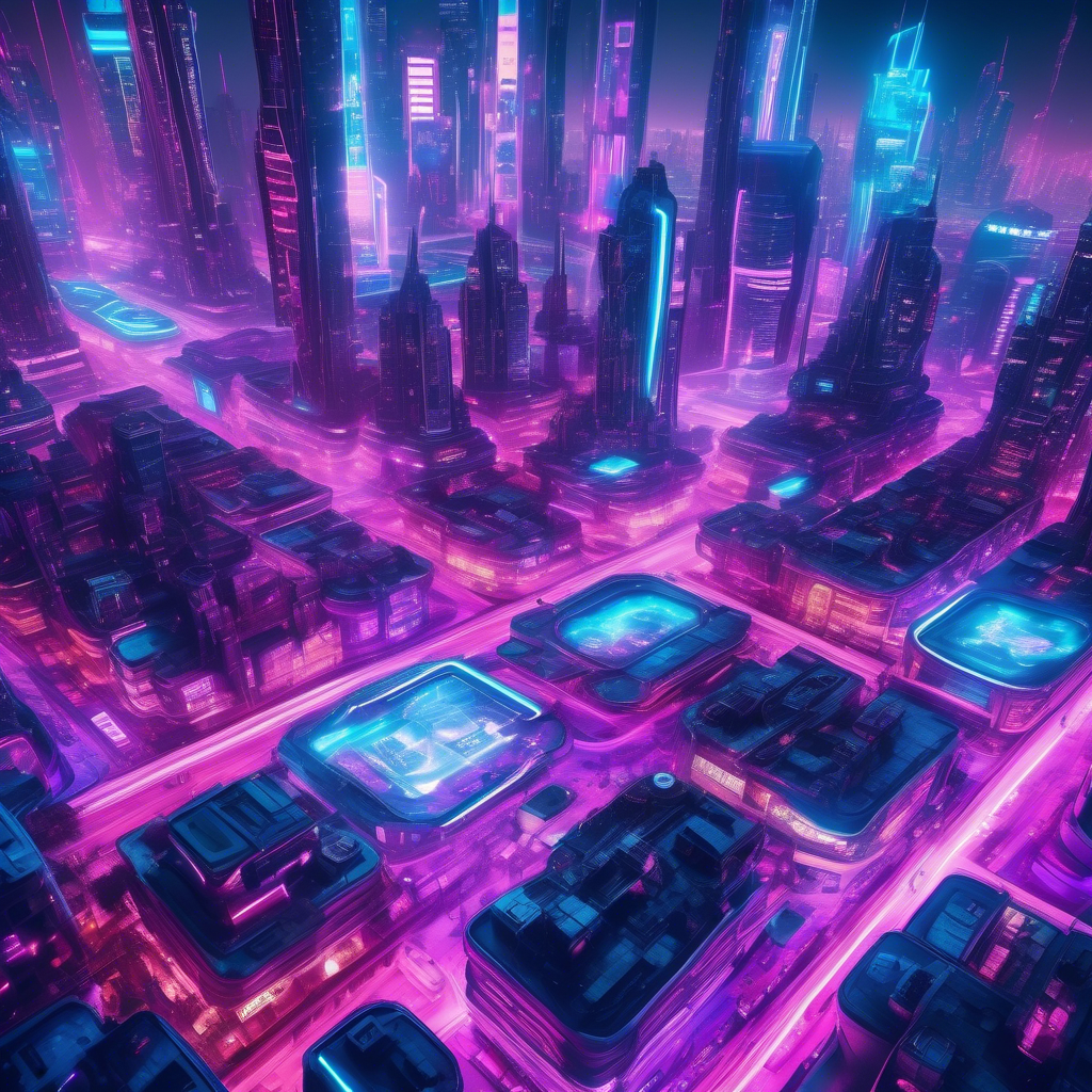 A sprawling futuristic city illuminated by neon lights in shades of blue, pink, and purple. Flying cars zip through the air, and towering skyscrapers feature holographic advertisements. The streets below are bustling with people in cyberpunk-inspired clothing. Captured in 8K resolution with a 35mm lens, shallow depth of field, and cinematic lighting. The atmosphere is energetic and vibrant.