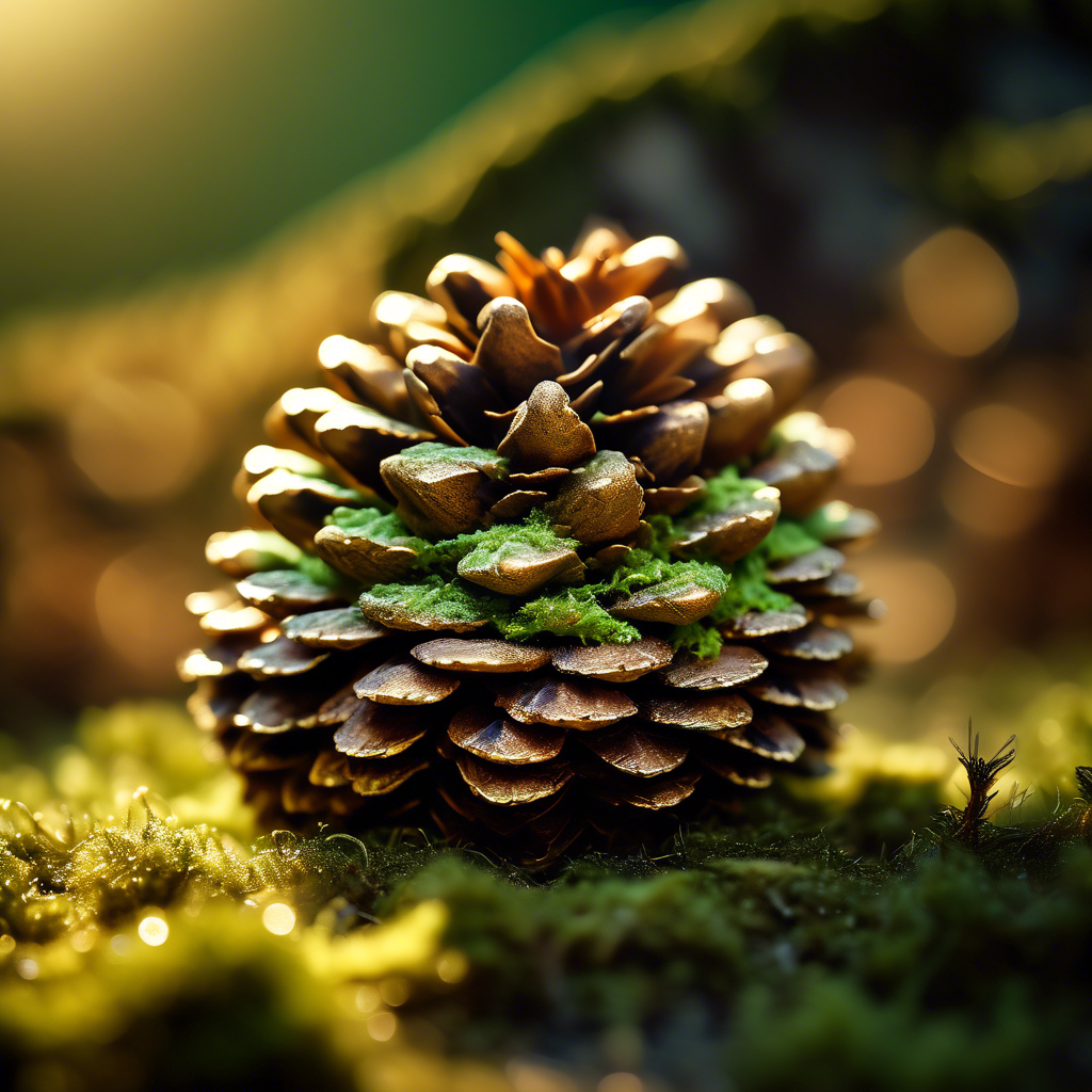 A Fibonacci-patterned pinecone surrounded by soft green moss and illuminated by golden morning light.