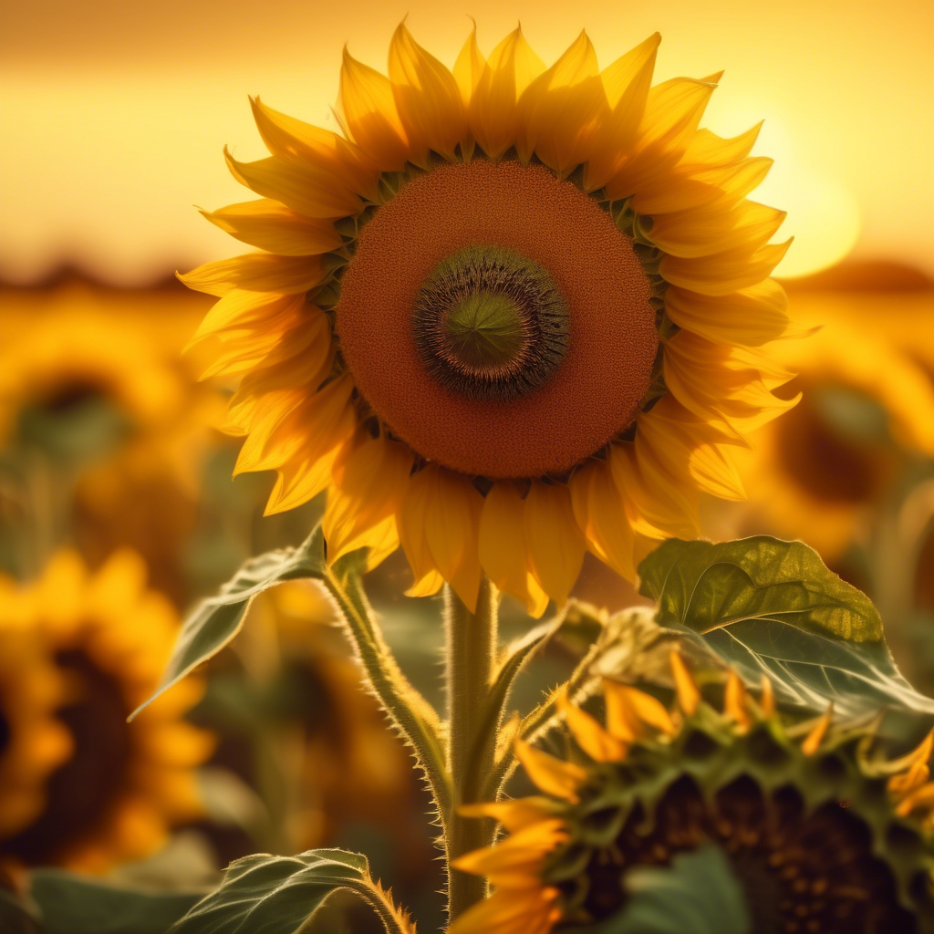 A radiant sunflower field with Fibonacci-patterned seed spirals, glowing under a soft golden sunset in 8K