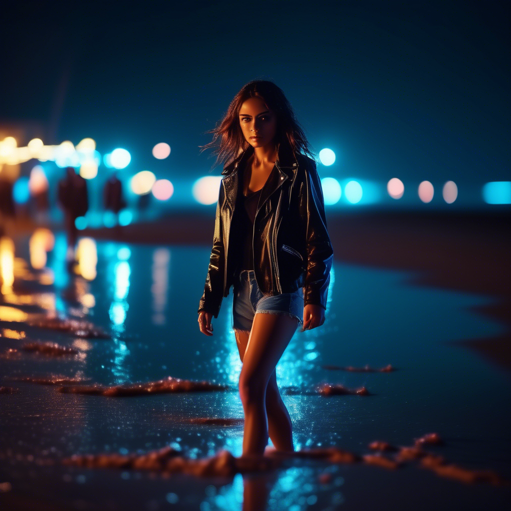A confident girl in a leather jacket walking on a beach at night, neon lights reflecting off the wet sand, captured in 4K with a 50mm lens and dramatic lighting.