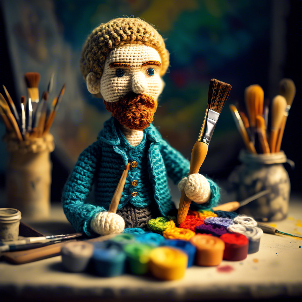 crochet doll of Vincent VanGogh HOLDING PAINTBRUSH in art studio