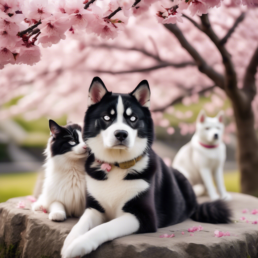 A black and white tuxedo cat and a Siberian husky sitting peacefully under a blooming cherry blossom tree, captured in 8K with vibrant colors and a shallow depth of field.