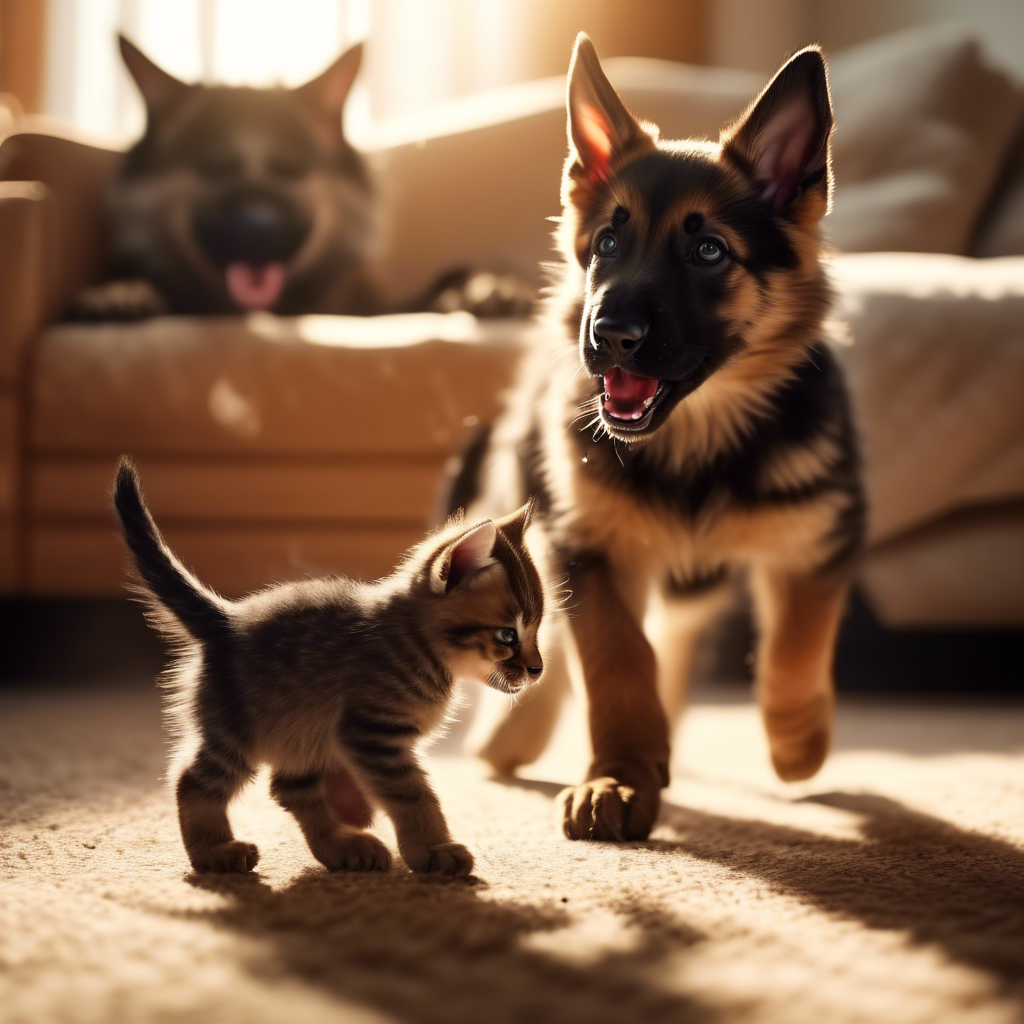 A mischievous kitten and a German shepherd playing together in a sunlit living room, captured in 4K with dynamic camera angles and soft shadows.
