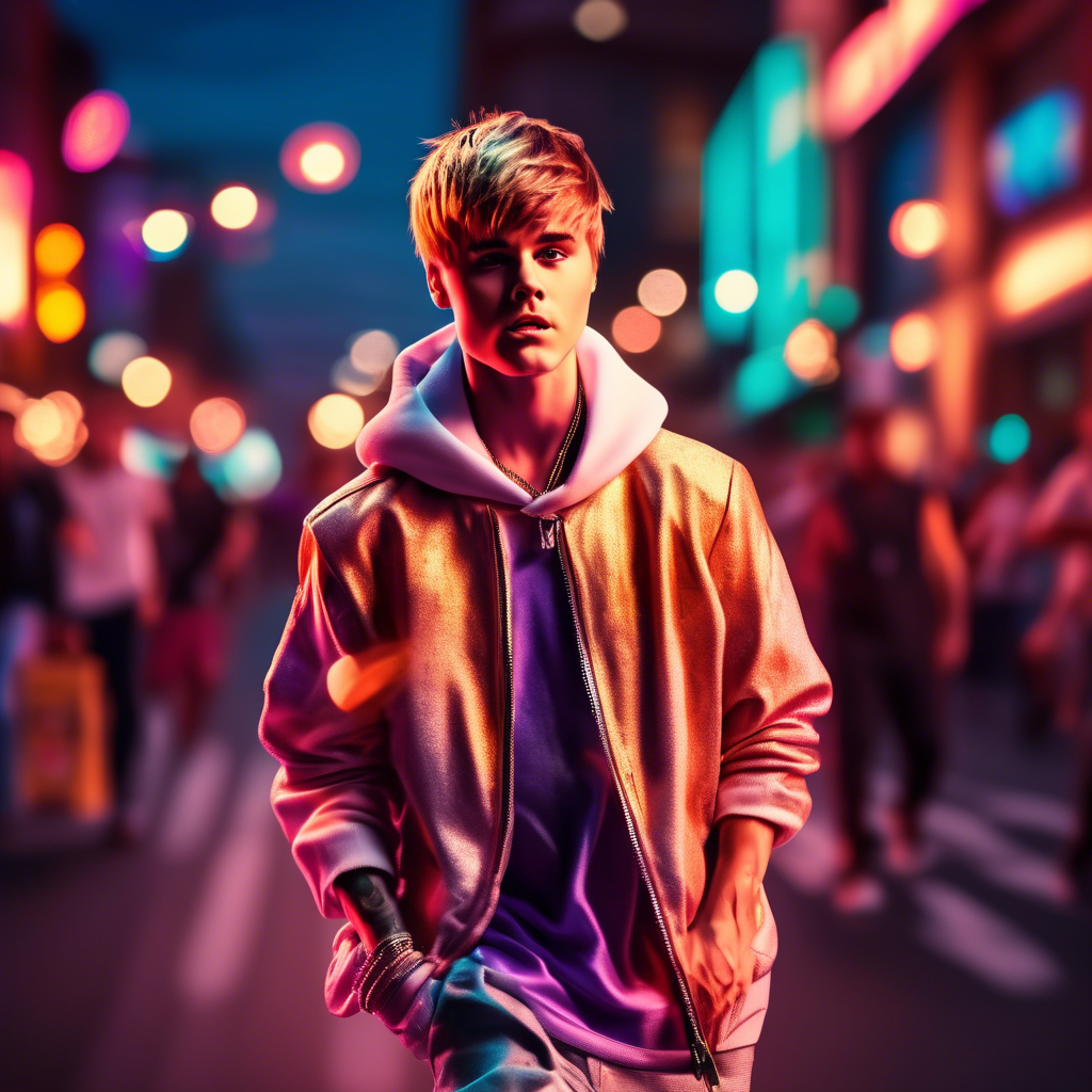 justin beiber performing on a bustling urban street at sunset. The background features blurred pedestrians and glowing shop lights. Captured in 8K with a cinematic lens, vibrant color tones, and dynamic lighting.