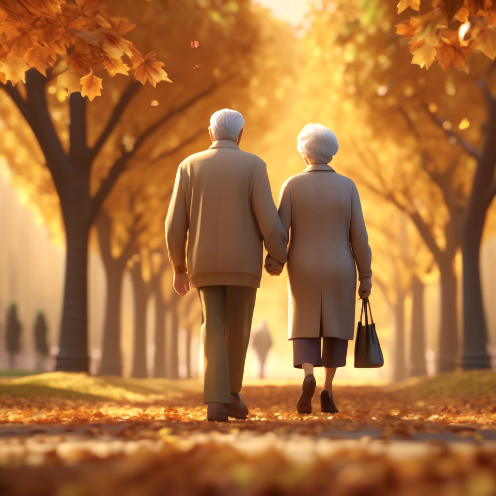 "Senior Couple Walking in a Park" An elderly couple holding hands, walking down a tree-lined path with autumn leaves covering the ground. The scene is serene, with soft golden-hour lighting in 8K resolution.