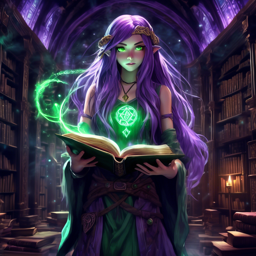 "Mystical Anime Girl with a Spellbook" An anime girl with glowing green eyes and long purple hair, holding an ancient spellbook with magical runes floating around her. The background is a dark, mystical library. Rendered in 8K with soft, glowing lighting.