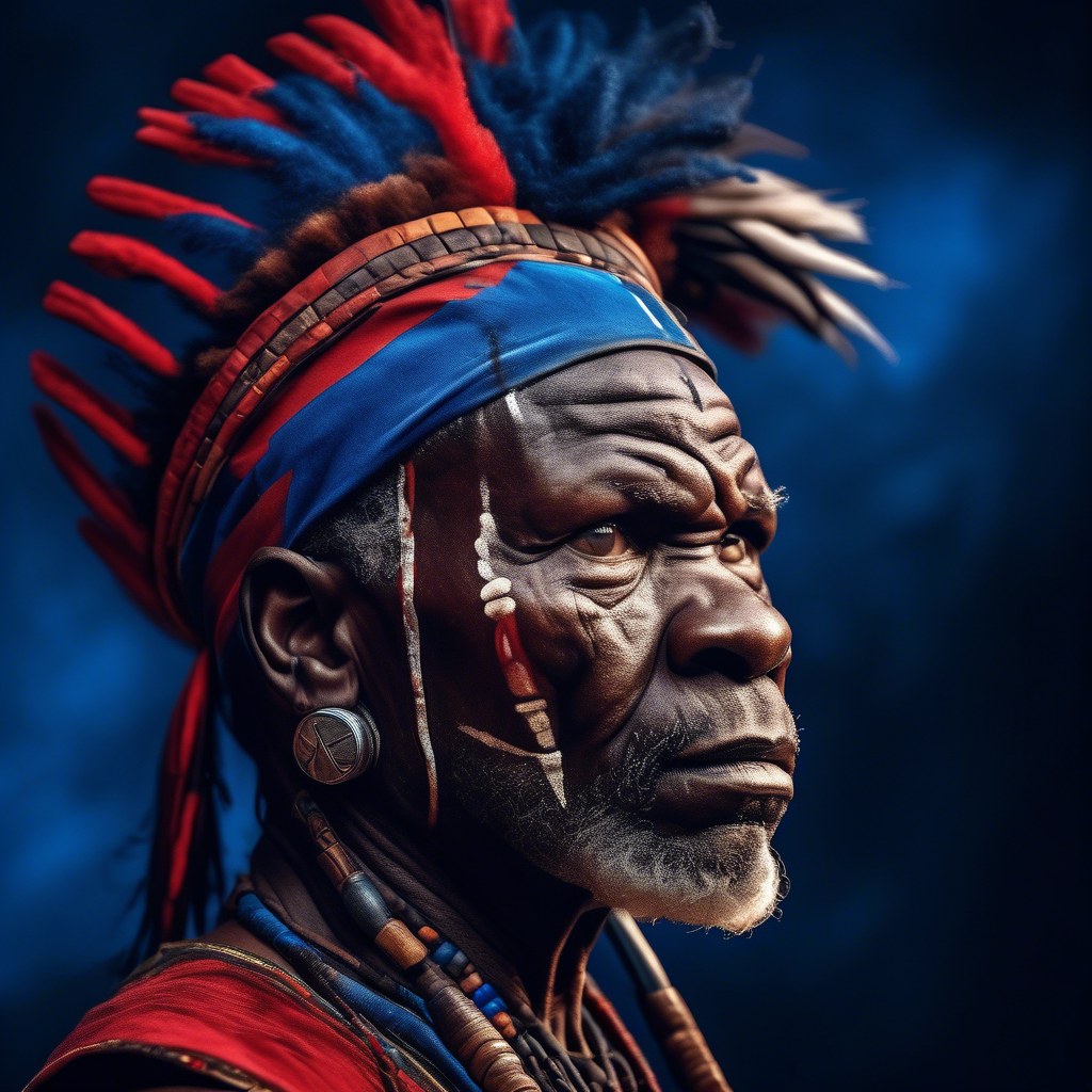 portrait photo of a african old warrior chief, tribal panther make up, blue on red, side profile, looking away, serious eyes, 50mm portrait photography, hard rim lighting photography--beta the photo must be real