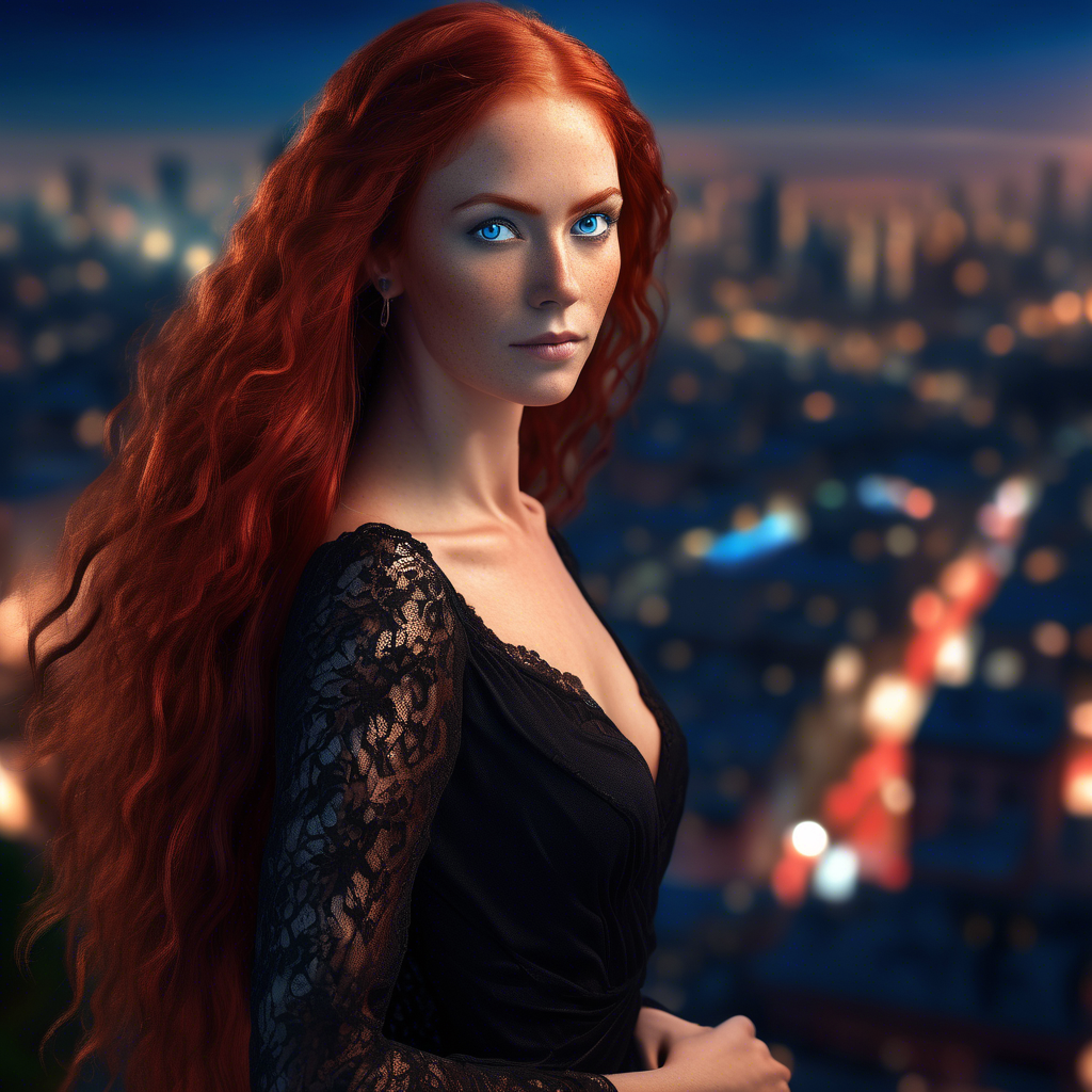 A striking portrait of a woman of Brazilian culture with long, flowing red hair and piercing blue eyes, wearing a sleek black gown with intricate lace details. She stands against a blurred background of sparkling city lights at dusk. Captured in 8K resolution with a 50mm lens, soft bokeh, and warm, soft lighting highlighting her face and hair. The mood is sophisticated and intimate.