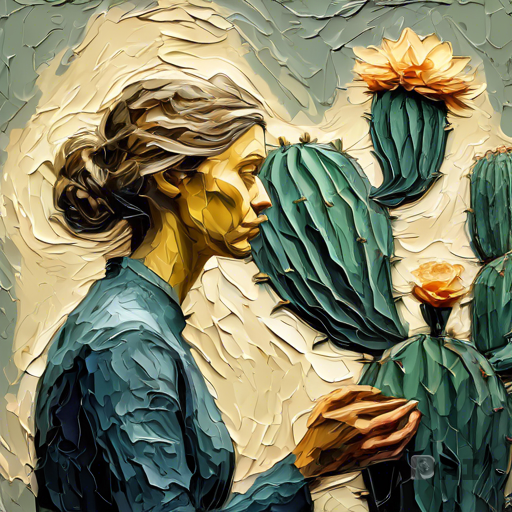 Fusion between Grisaille and Thick impasto, Stunning Portrait art in the style of van gogh model looking at a cactus flower bloom