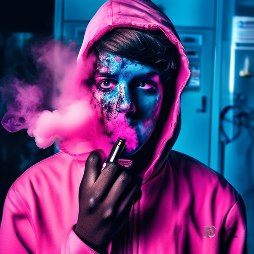 "A striking anti-vaping advertisement showing a distressed teenager with half their face covered in a toxic, neon pink-and-blue vape cloud, the other half revealing decaying, cracked skin with dark circles under their eyes. A shattered vape pen oozes black liquid in the foreground. The background transitions from a fake, colorful vape ad into a grim hospital scene. Highly detailed, cinematic lighting, hyper-realistic textures, dark moody tones with pops of unnatural neon. Bold sans-serif text reads: 'VAPING STEALS MORE THAN JUST YOUR BREATH.' Style: Photorealistic, social advocacy poster, high contrast, dramatic shadows.