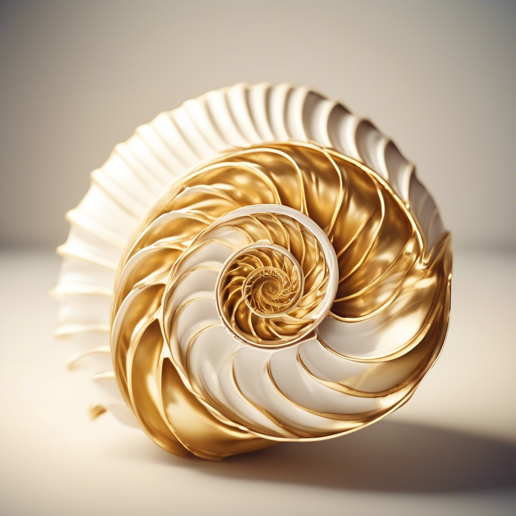 A swirling golden shell with intricate Fibonacci spirals, illuminated by soft ambient light in a minimalistic white background