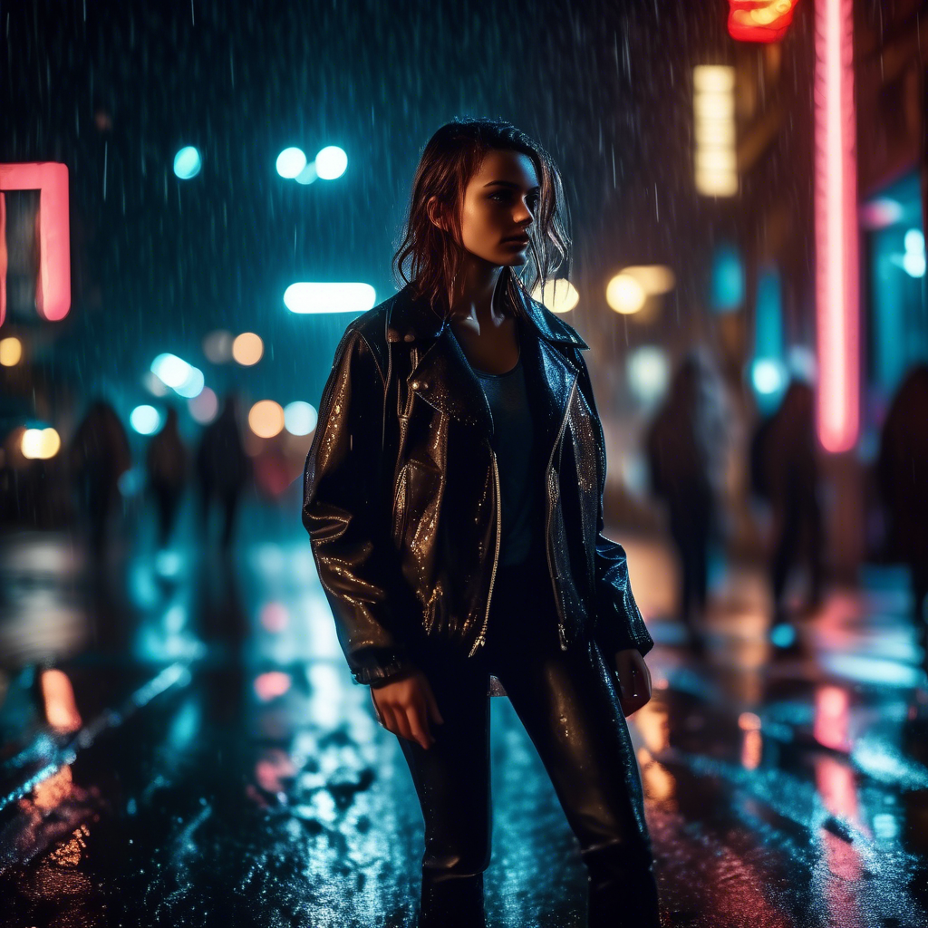 A confident girl in a leather jacket walking through a rainy city street at night, neon lights reflecting off the wet pavement, captured in 4K with a 50mm lens and dramatic lighting.
