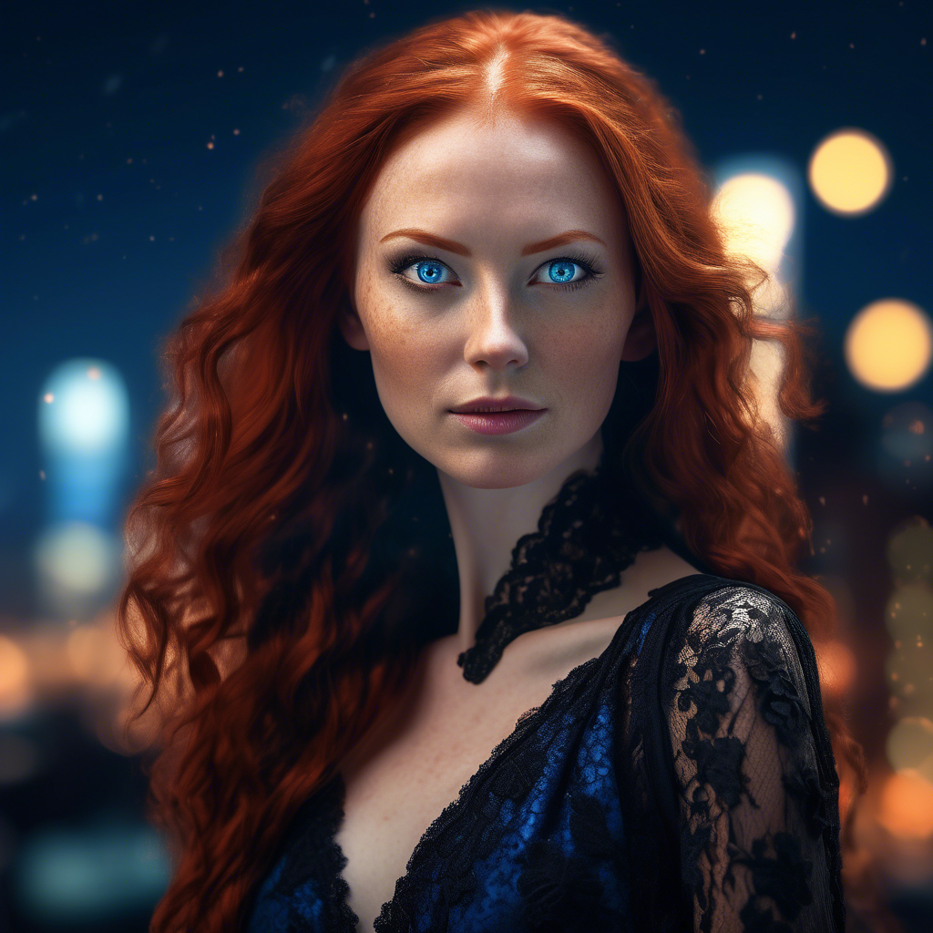 A striking portrait of a woman with long, flowing red hair and piercing blue eyes, wearing a sleek black gown with intricate lace details. She stands against a blurred background of sparkling city lights at dusk. Captured in 8K resolution with a 50mm lens, soft bokeh, and warm, soft lighting highlighting her face and hair. The mood is sophisticated and intimate.