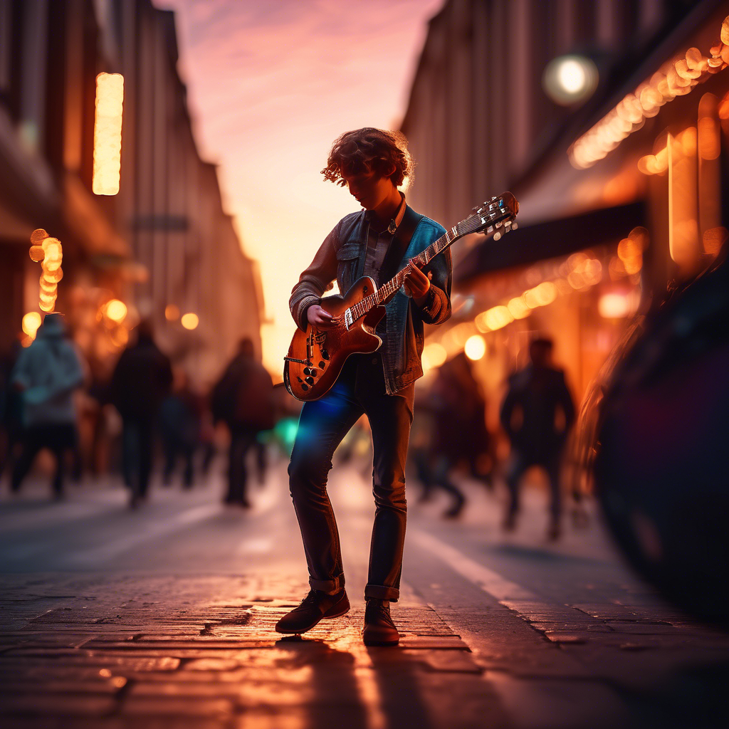 A young guitarist performing on a bustling urban street at sunset. The background features blurred pedestrians and glowing shop lights. Captured in 8K with a cinematic lens, vibrant color tones, and dynamic lighting.