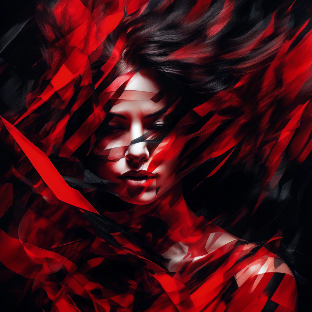 abstract female portrait,undefined hair,red and black color palette,blurred boundaries,upper body,fragmented visual style,evokes feelings of rebellion and passion